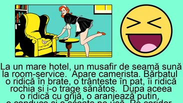 BANC | La un mare hotel, un musafir de seamă sună la room-service. Apare camerista. Bărbatul o ridică în brațe, o trântește în pat, îi ridică rochia și..