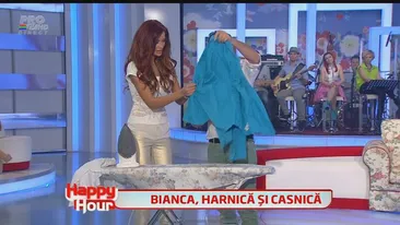 Bianca Drăguşanu, aşa cum n-ai mai văzut-o niciodată: a călcat cămăşi şi a dat cu mătura în platou la Happy Hour! Îţi place?