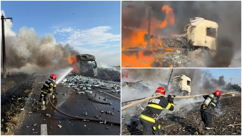 Dezastru în Mehedinți! Accident grav cu două TIR-uri şi o maşină. La scurt timp după impact, a izbucnit un incendiu de proporții