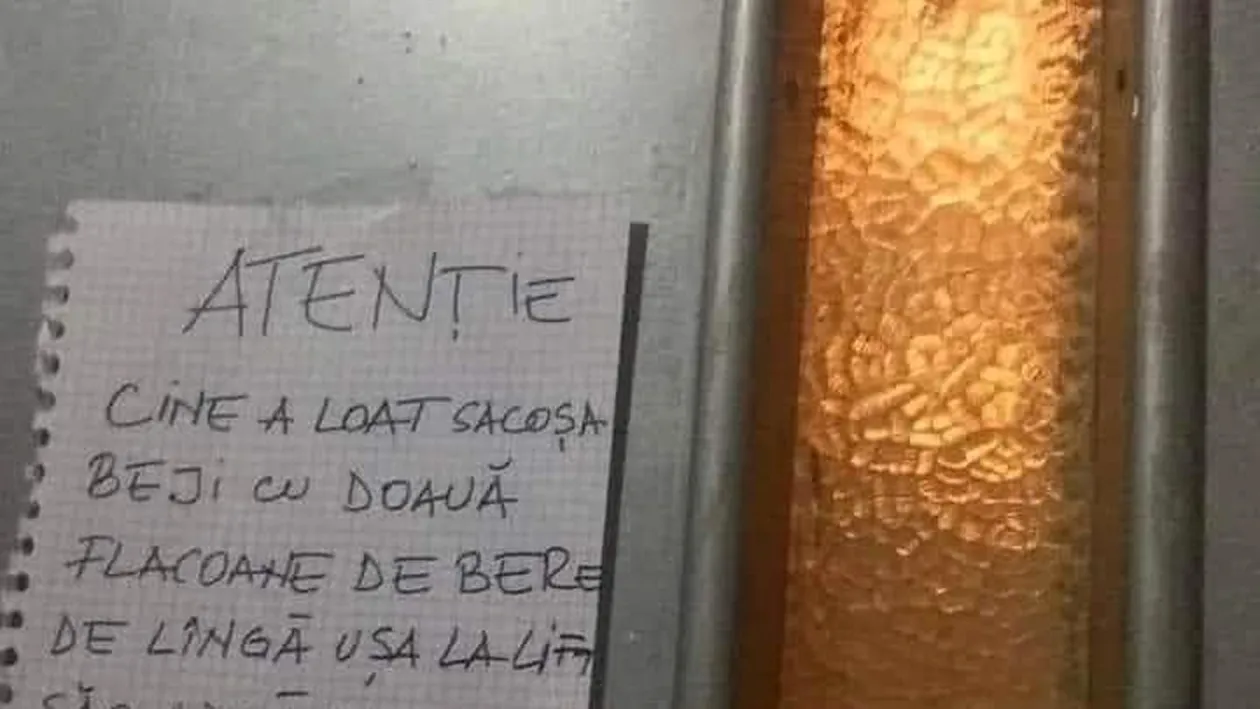 Anunțul ilar lipit de un bucureștean, pe liftul blocului în care locuiește: Cine e loat sacoșa beji cu doauă flacoane de bere..