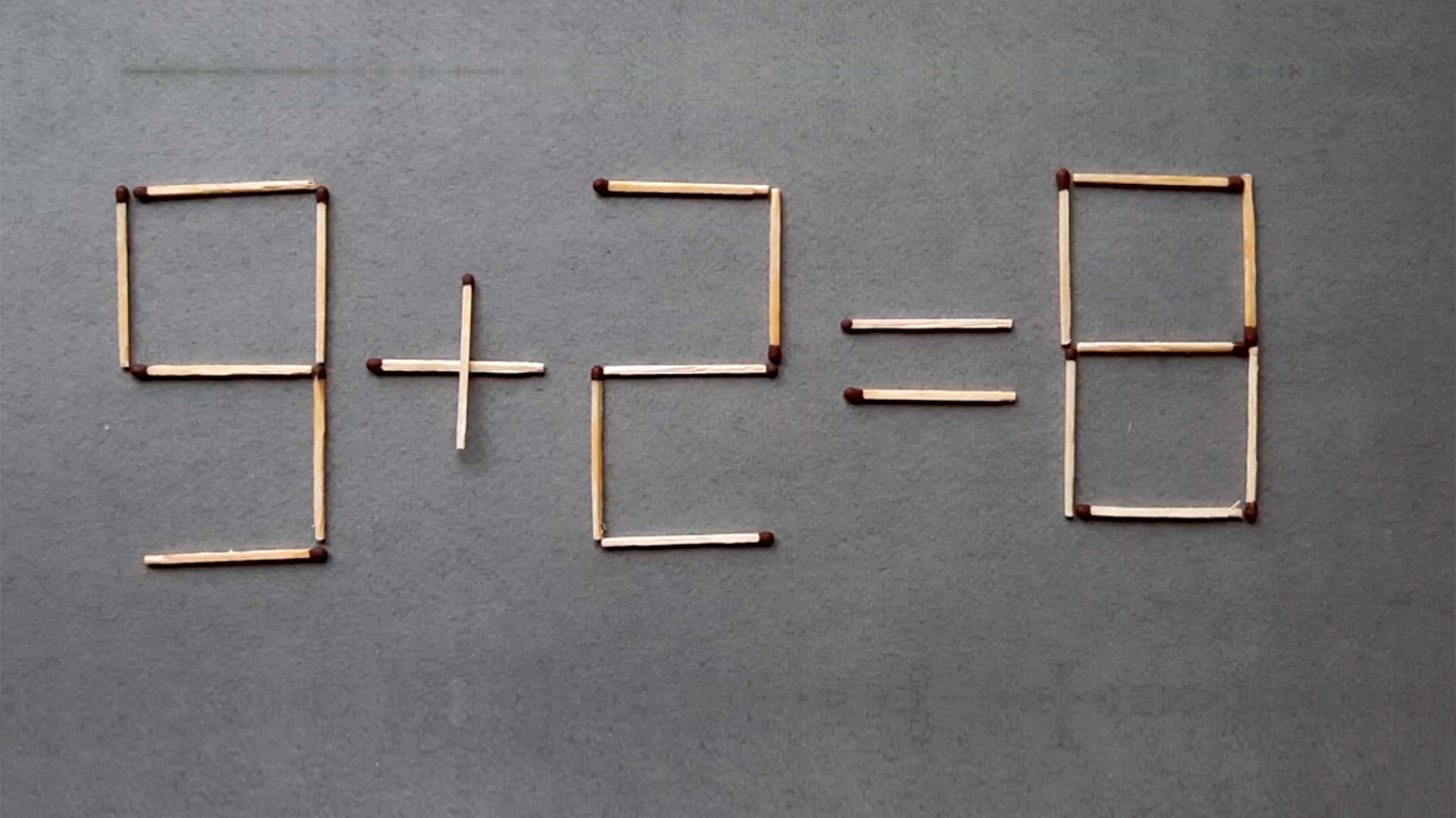 TEST IQ | Mutați un singur chibrit pentru a corecta: 9 + 2 = 8