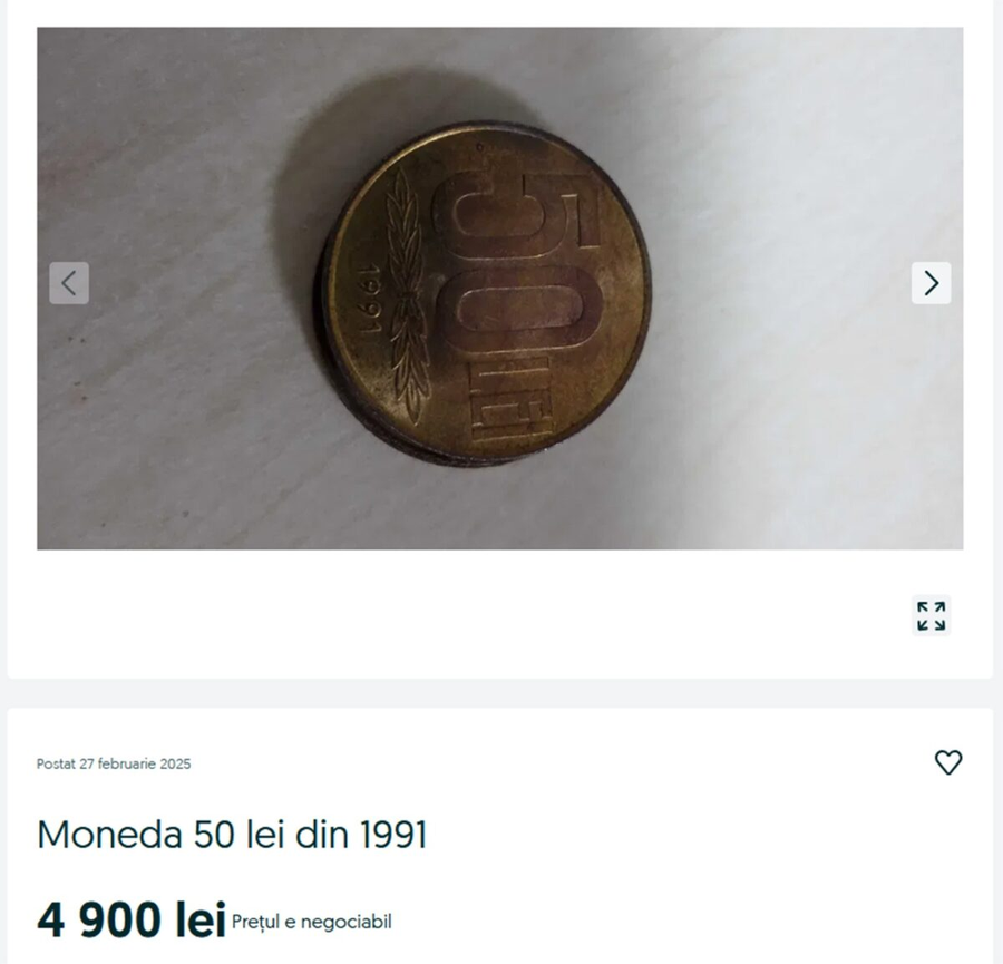 Suma uriașă cu care se vinde celebra monedă de 50 de lei. Sursă: OLX