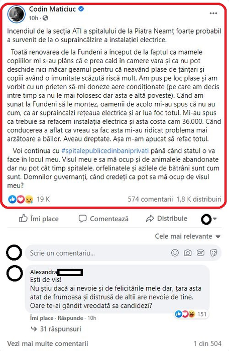 Codin Maticiuc, decizie emoționantă după incendiul izbucnit la spitalul din Piatra Neamț: “Voi continua cu spitale publice din bani privați până când statul o va face în locul meu”