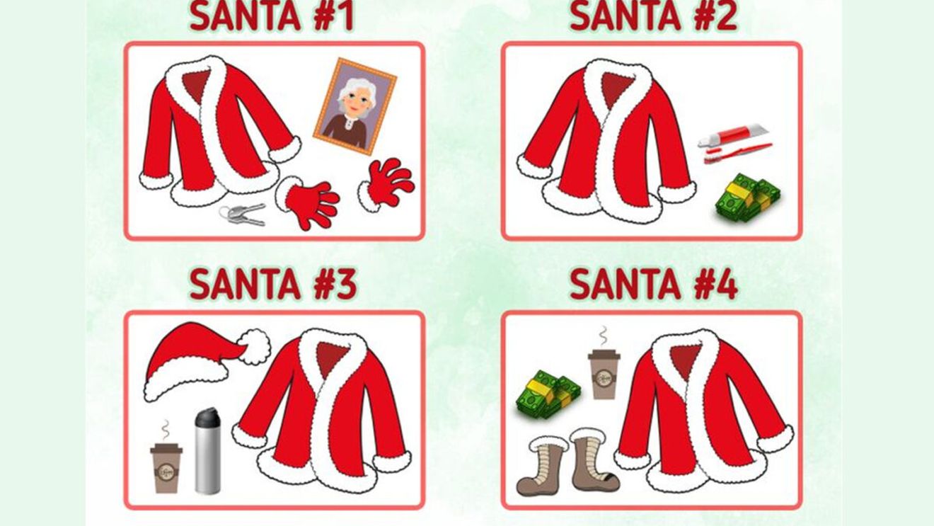 Test IQ de Ajun | Unul dintre acești 4 Moși Crăciun e un impostor. Care e, judecând după obiectele pe care le are la el?