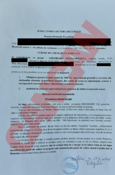 Cererea de chemare  în judecată a fostei dansatoare