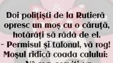 BANC | Doi polițiști de la Rutieră opresc un moș cu o căruță, hotărâți să râdă de el: Permisul și talonul, vă rog!