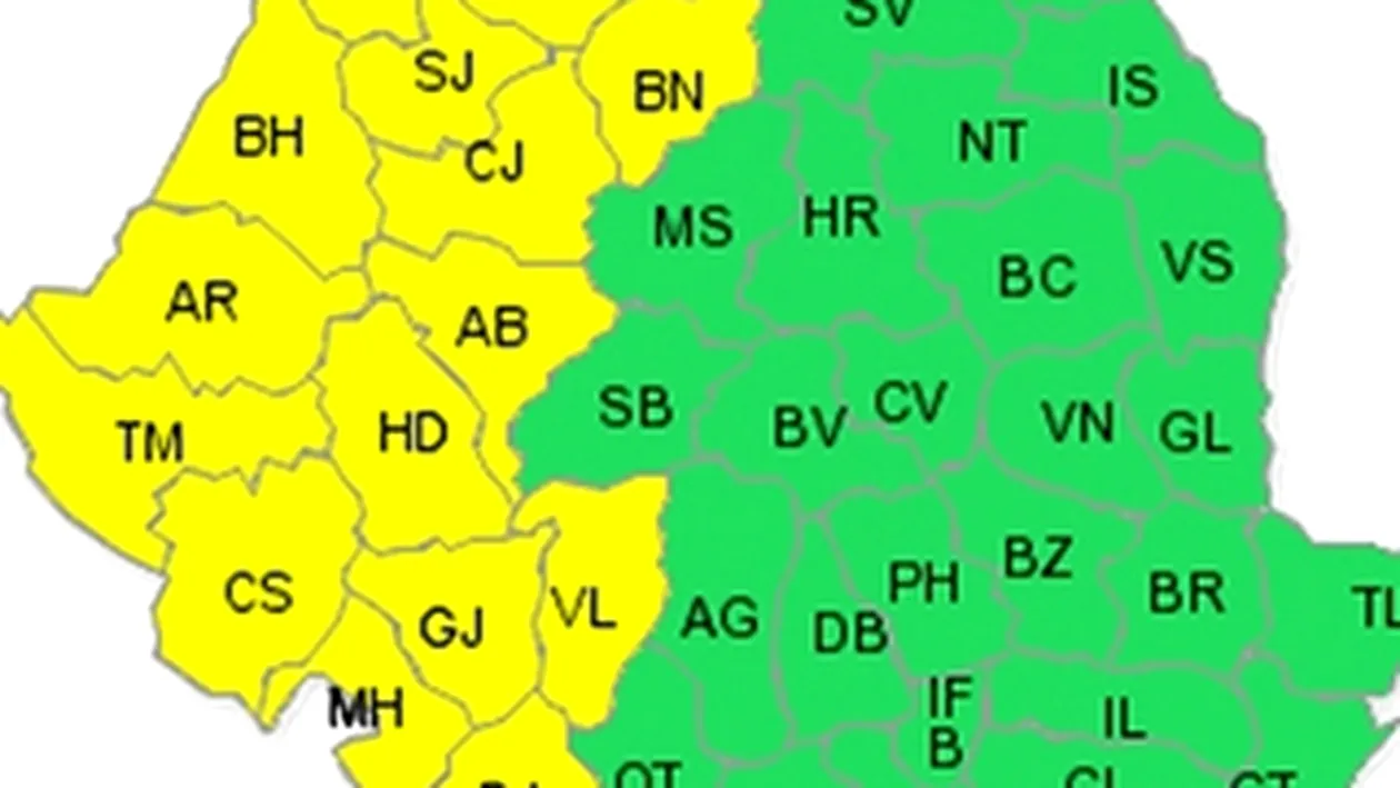 AVERTIZARE Cod galben de ploi torentiale si caderi de grindina pentru jumatatea de vest a tarii!
