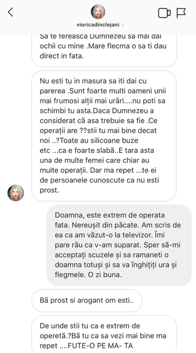 Codin Maticiuc a publicat mesajele primite de la Viorica de la Clejani, după ce a spus că Margherita e urâtă: “Să te ferească Dumnezeu să dai ochii cu mine. Mare flegmă o să-ți dau direct în față”