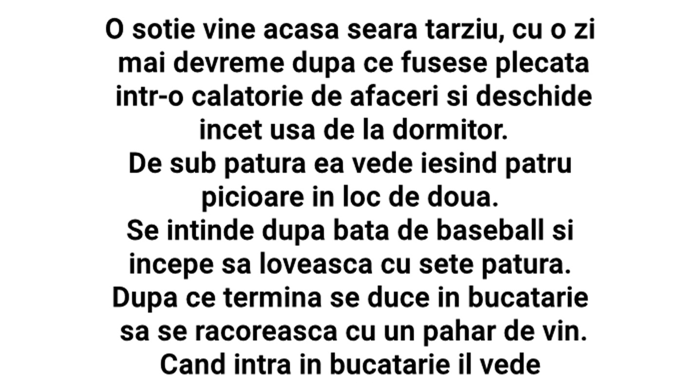 BANC | Soția vine acasă seara târziu, cu o zi mai devreme, după ce fusese plecată într-o călătorie de afaceri