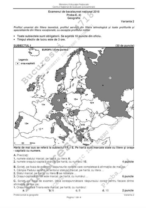 Subiecte la geografie, la Bacalaureat 2018