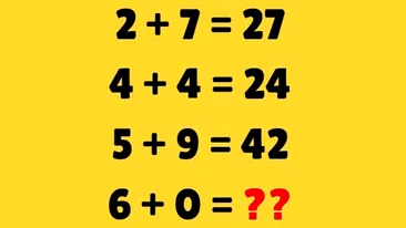 Test de inteligență exclusiv pentru genii | Dacă 2+7=27, 4+4=24 și 5+9=42, cât fac 6+0?