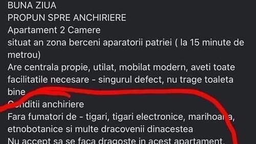 Cum a încercat un proprietar din București să își închirieze apartamentul: "Nu accept să se facă dragoste, deoarcece soțul meu.."