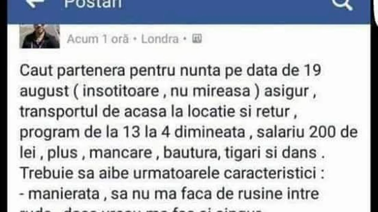 Postarea care a a devenit virală pe Facebook: „Caut parteneră pentru nuntă pe data 19 august”
