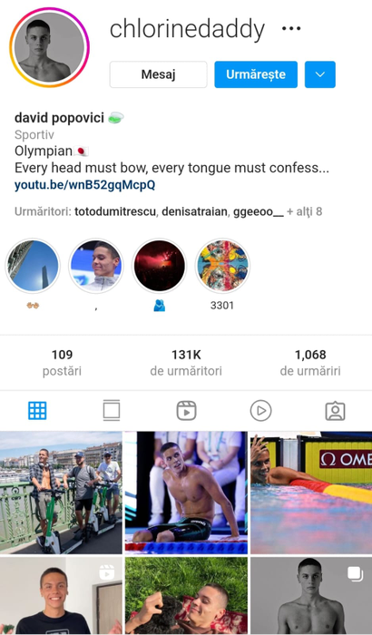 Contul de Instagram al lui David Popovici. Sursă foto: captură de ecran