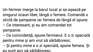 BANCUL ZILEI | Un fermier merge la barul local și se așează lângă o femeie