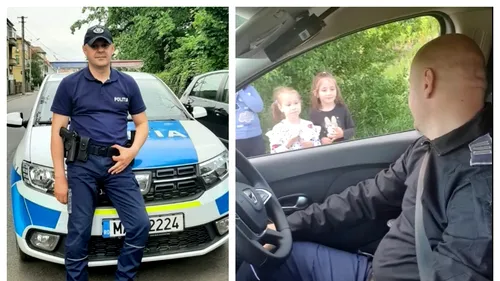 Imagini virale cu polițistul „magician” al copiilor. Cine este Viorel Teacă, omul legii din Sibiu apreciat de toți cei mici și cum își face meseria. VIDEO