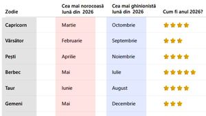 Tabel zodii 2026 | Care va fi cea mai norocoasă/ghinionistă lună pentru fiecare zodie în parte