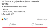 BANCUL ZILEI | Vili Funerar angajează manipulator decedat