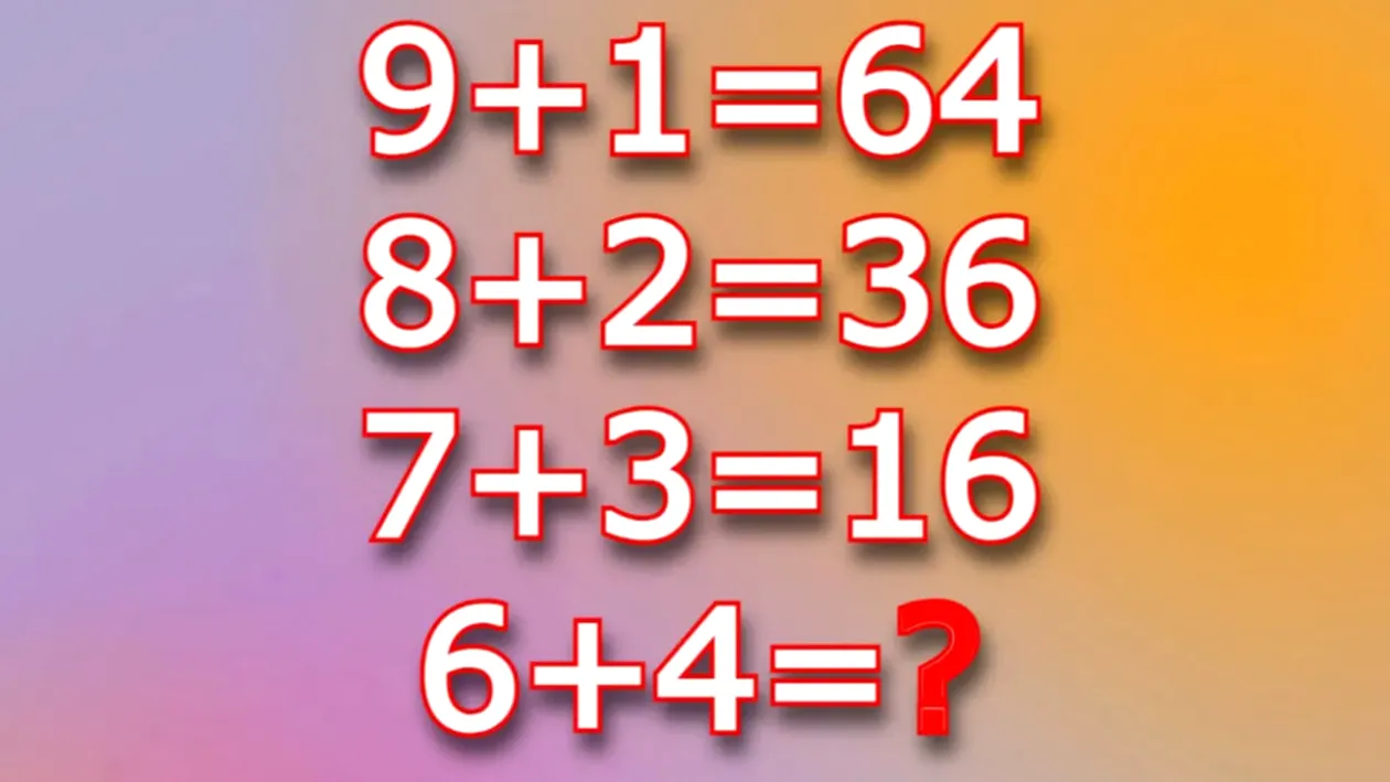 Testul IQ pe care doar geniile le pot rezolva în 20 secunde| Cât face 6+4, dacă 9+1=64, 8+2=36 și 7+3=16?
