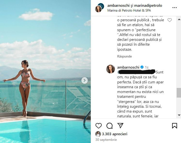 Ana Maria Barnoschi, taxată aspru pentru apariția la piscină. Un fan, nemulțumit de câte vergeturi are