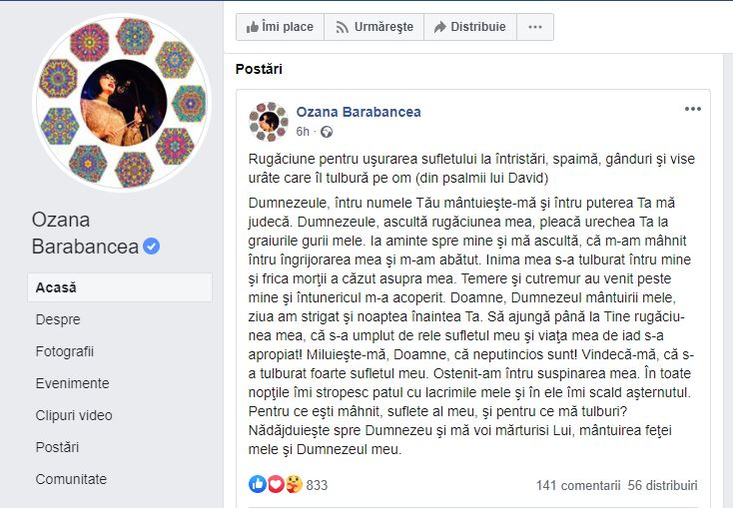 Ce mesaj a postat Ozana Barabancea pe Facebook înainte să afle că s-a îmbolnăvit cu noul coronavirus