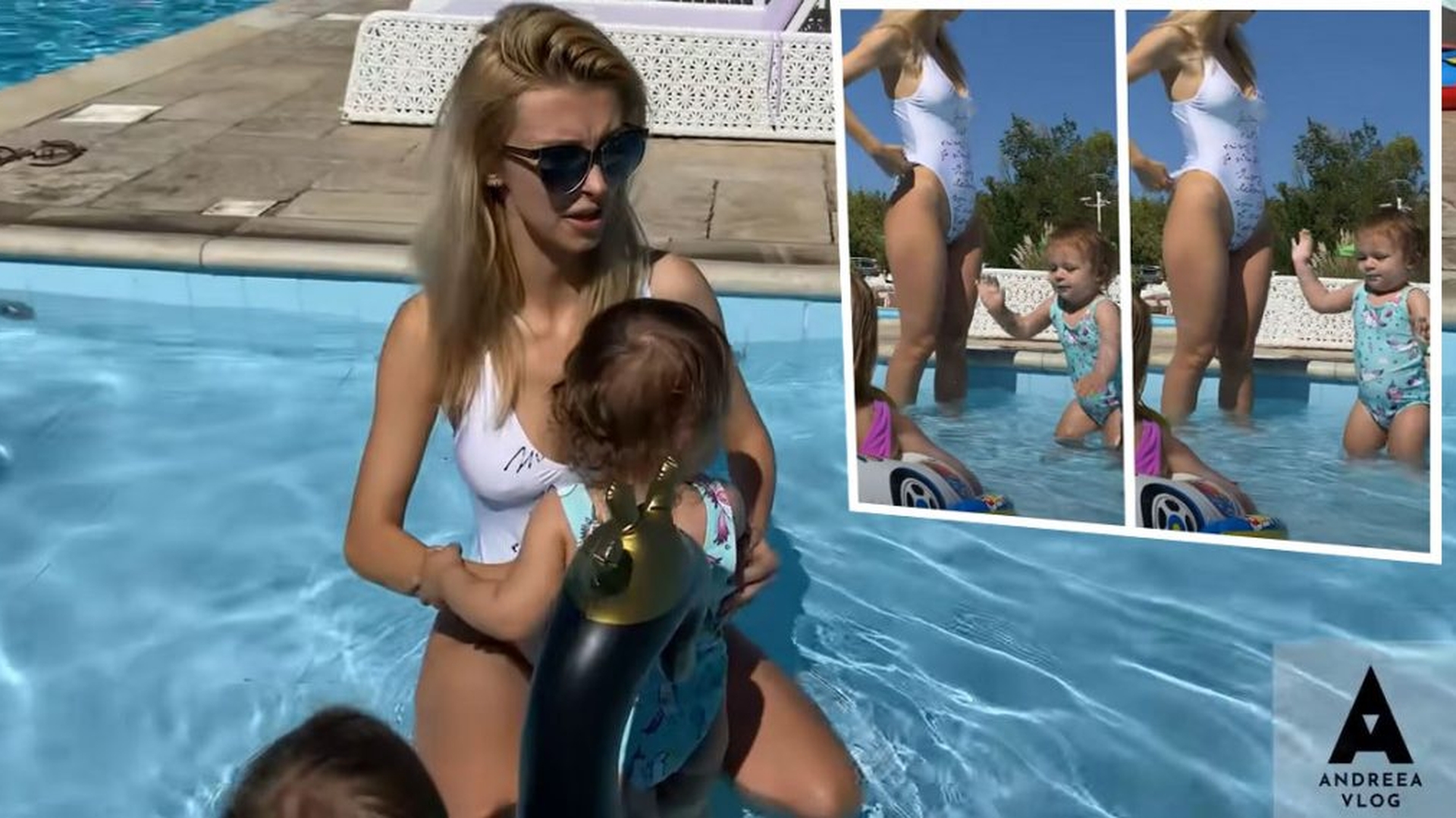 Andreea Bălan, gafă în timp ce se afla la piscină cu fiicele. I s-au văzut zonele intime prin costumul de baie alb și decupat | VIDEO