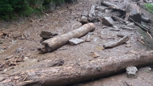 20 de turiști blocați pe Valea Cernatului, după ce drumul a fost rupt de aluviuni. Imagini apocaliptice