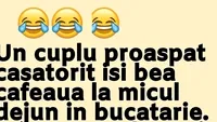 Bancul zilei. Un cuplu proaspăt căsătorit îşi bea cafeaua