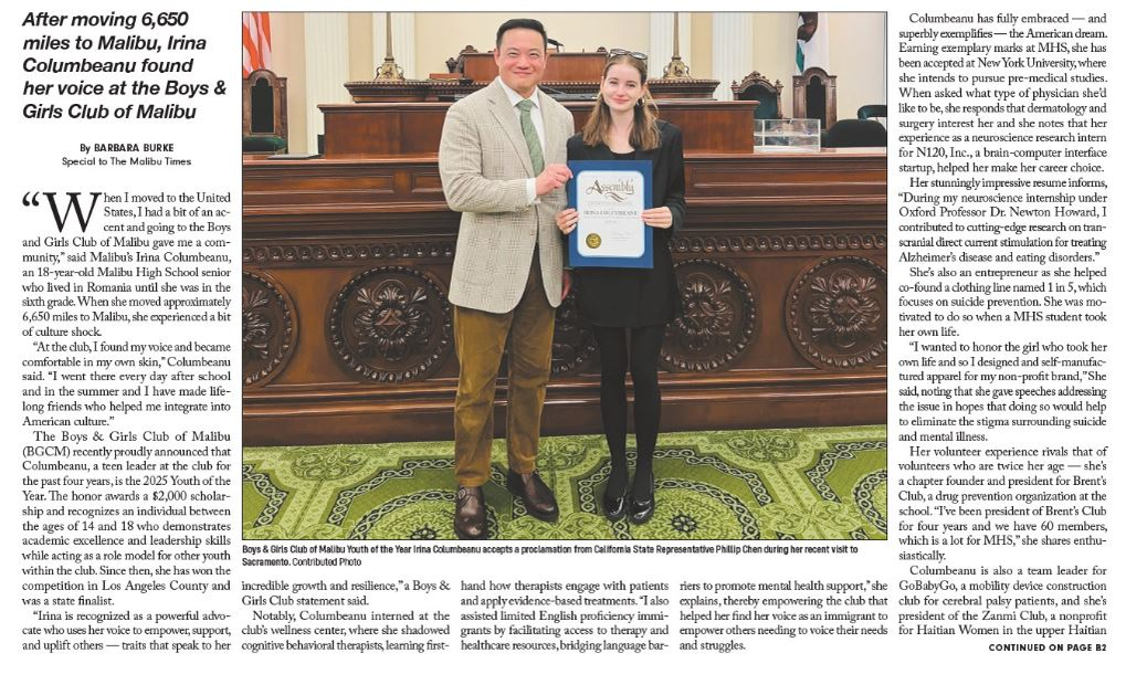 Irina Columbeanu, subiect de reportaj în presa din America/ sursă  foto: The Malibu Times