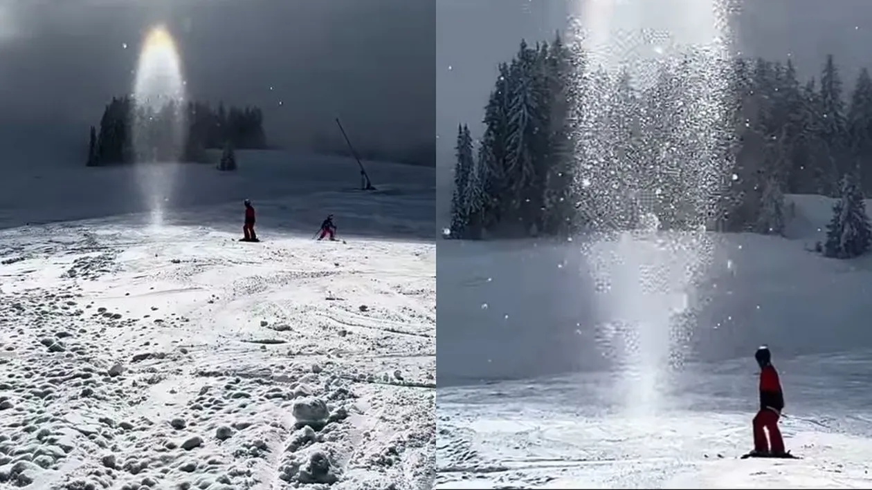 Apariție ireală pe o pârtie de schi! Oamenii au scos imediat telefoanele să afle ce este această minune sclipitoare