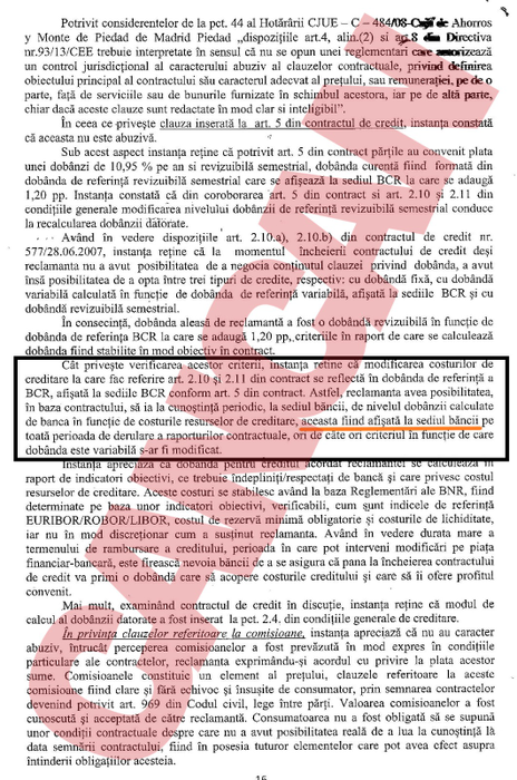 Motivarea sentinței date de judecătoare în procesul femeii de serviciu cu banca