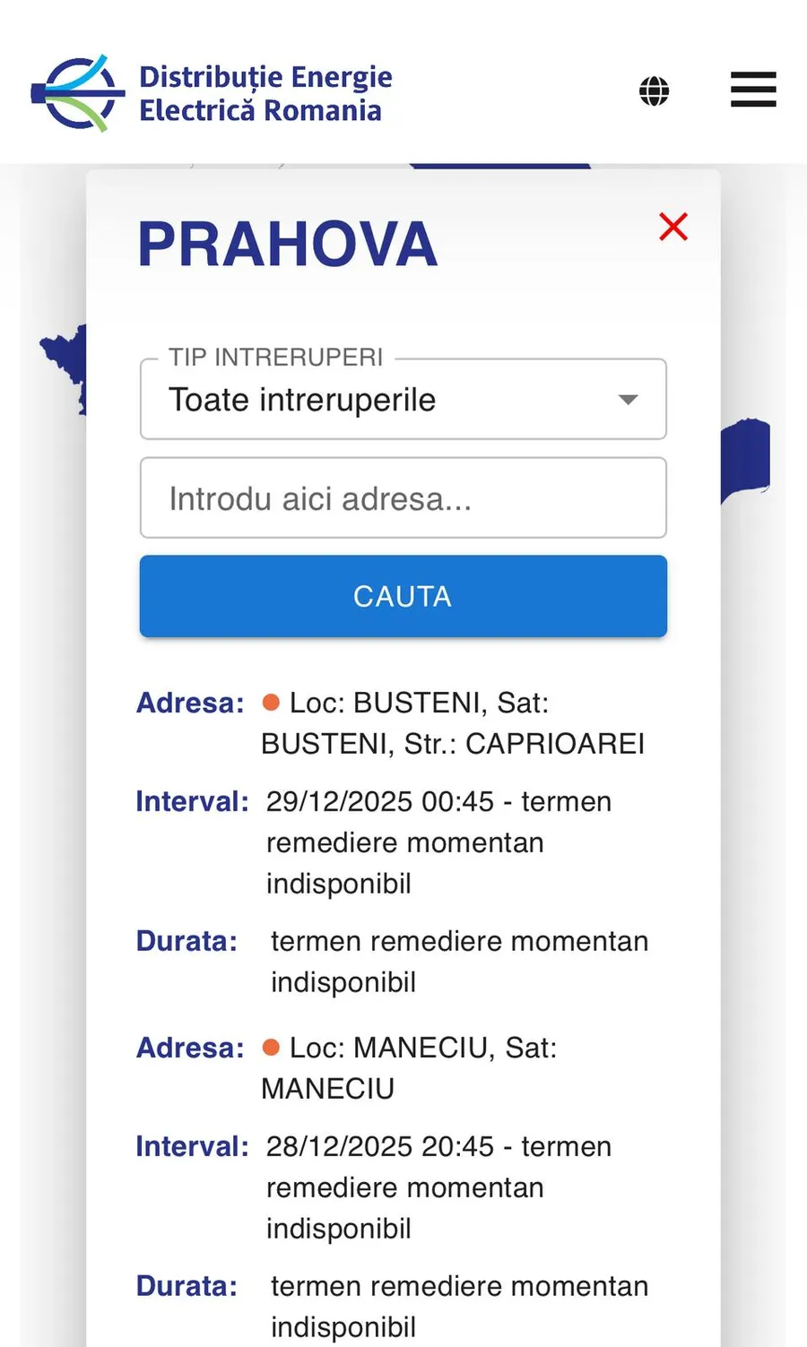 Localitățile care au rămas fără curent electric