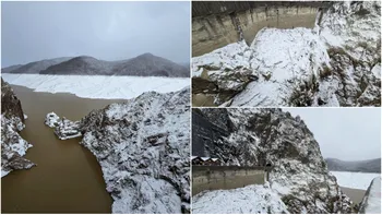 Ninge ca în povești la Barajul Vidraru. Imagini de colecție cu stăvilarul golit de apă, dar acoperit de o ‘pătură’ proaspătă de omăt