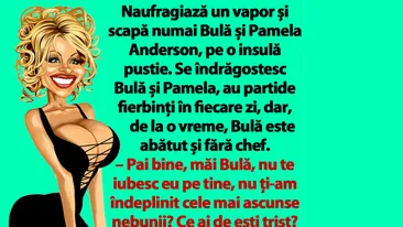 BANC | Naufragiază un vapor și scapă numai Bulă și Pamela Anderson, pe o insulă pustie