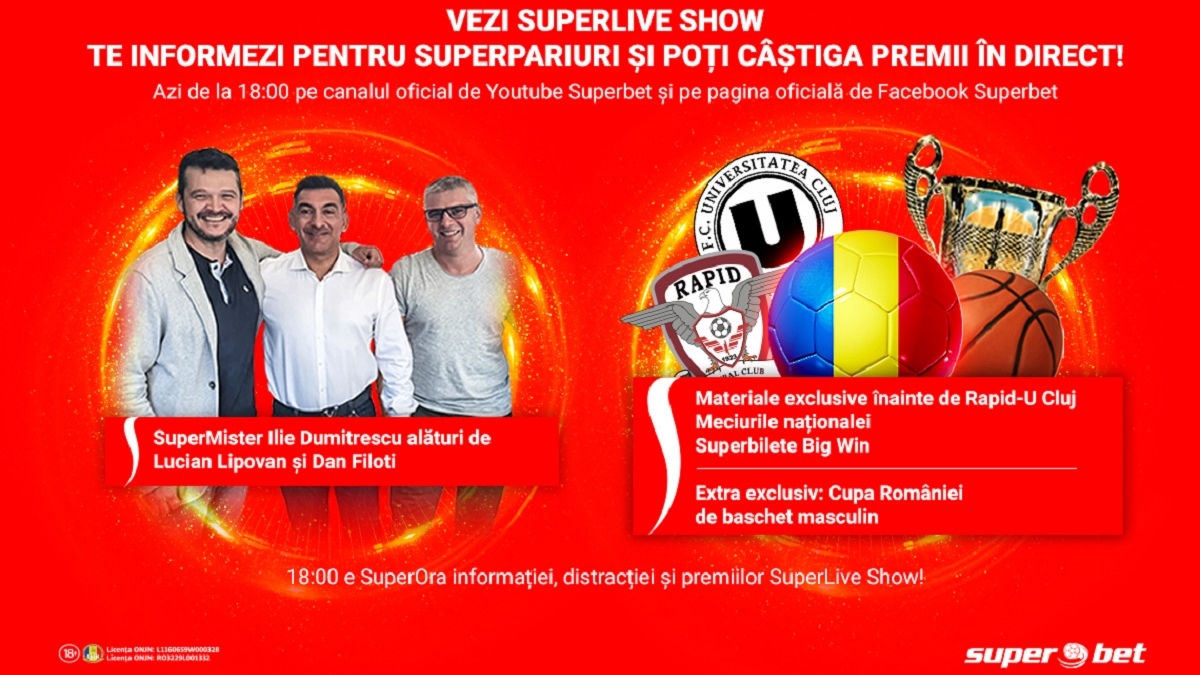 E SuperLive Show! Calificarea Tineretului, Finala de la Belfast, Rapid-UCluj, superinvitați și premii în direct! Vezi emisiunea în direct online de la 18:00!