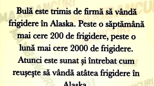 BANC | Bulă este trimis de firmă să vândă frigidere în Alaska