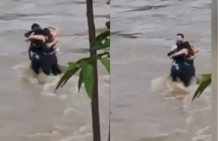 Momentul în care cei trei tineri români încearcă să facă față curenților puternici din apă/ sursă foto: captură video