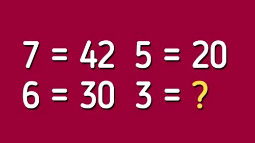 Test de inteligență exclusiv pentru genii | Dacă 7=42, 6=30 și 5=20, atunci 3=?