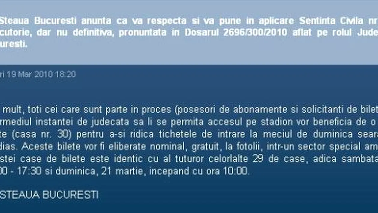 FC Steaua anunta ca va respecta decizia instantei si va permite accesul fanilor interzisi pe stadion
