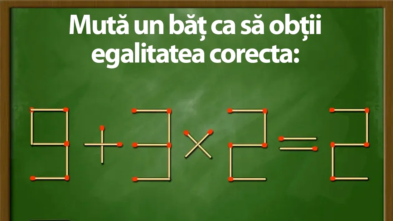Test de inteligență | Mută un băț de chibrit pentru a transforma 9+3x2=2 într-o egalitate corectă