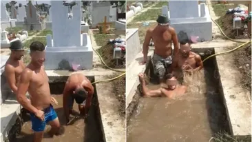 De-a râsu'-plânsu'! Trei bărbați au devenit virali, după ce s-au filmat în timp ce se „bălăcesc” într-un cavou transformat în piscină