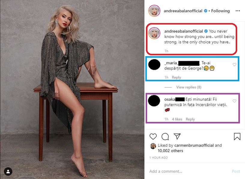 Cu o privire tristă, Andreea Bălan a transmis un mesaj subliminal după ce George Burcea a fost surprins în timp ce se îmbrățișa cu altă femeie