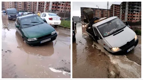 Ploile fac ravagii! O stradă din Chiajna s-a surpat, iar mai multe autoturisme și un TIR au rămas blocate