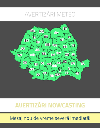 ANM, avertizare nowcasting de vreme severă imediată. Fenomene meteorologice periculoase în România
