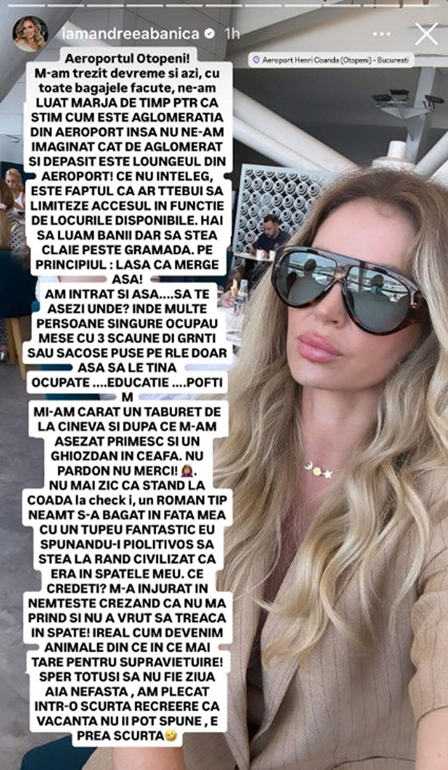 Incident neplăcut pentru Andreea Bănică. Artista susține că a fost lovită în aeroport