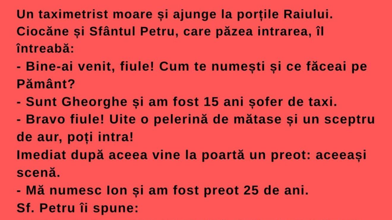 Bancul începutului de săptămână | „Vezi, dragul meu, noi aici în Rai primim pe criterii de performanță”