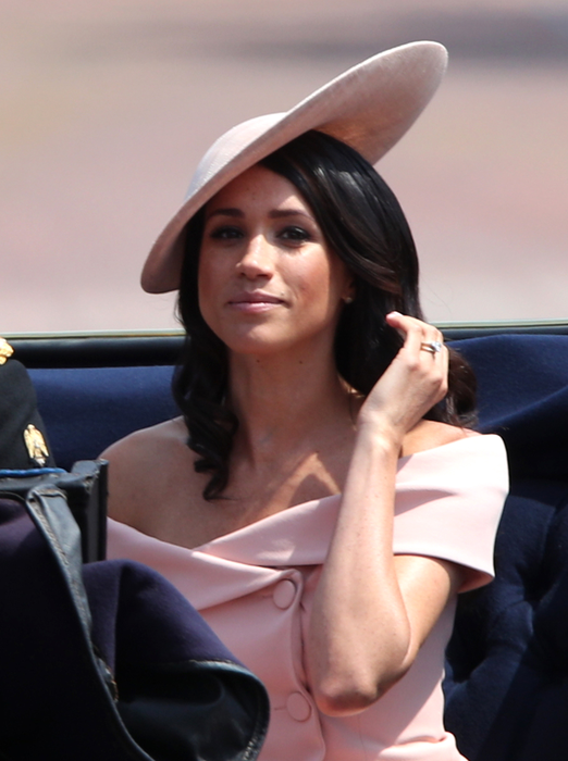 The Duchess of Sussex arrives at Buckingham Palace, central London from Horse Guards Parade, following the Trooping the Colour ceremony, to celebrate Queen Elizabeth II's official birthday. (Photo by Yui Mok/PA Images via Getty Images)