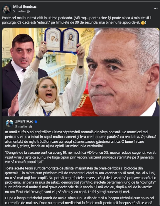 Mesajul publicat pe Facebook de Mihai Bendeac. Sursa foto: captură ecran