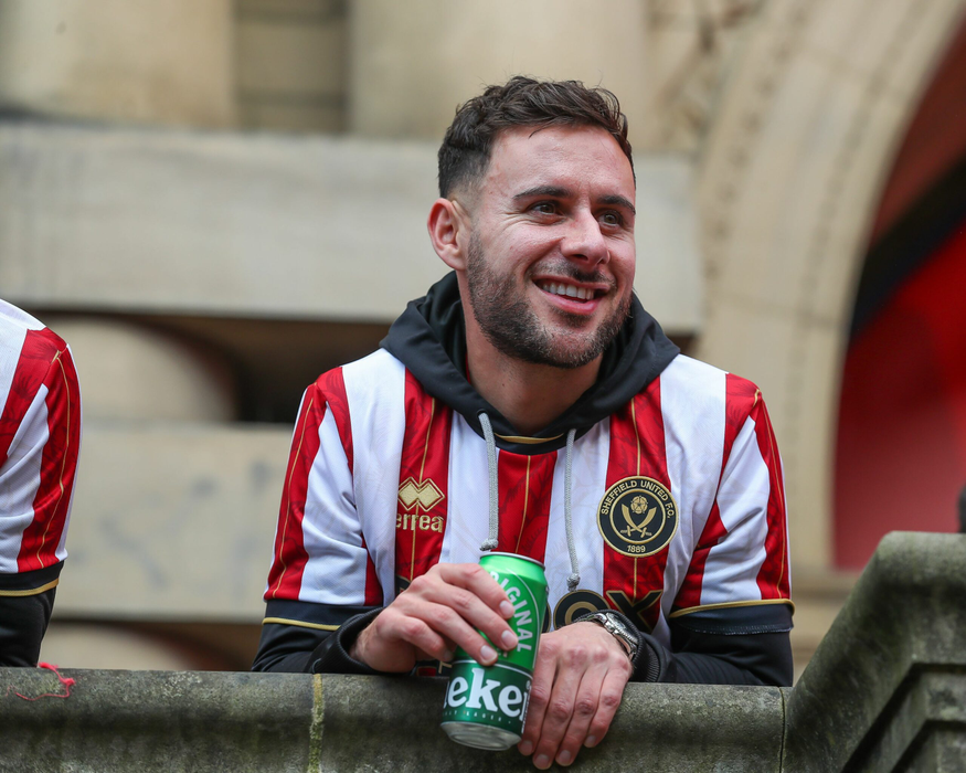 George Baldock during Sheffield United Premier League Promotion Parade at Sheffield Town Hall, Sheffield, United Kingdom, 11th May 2023..(Photo by News Images)