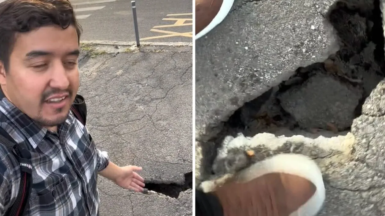 Reacția ilară a unui american, după ce a văzut o groapă uriașă în asfalt, în București